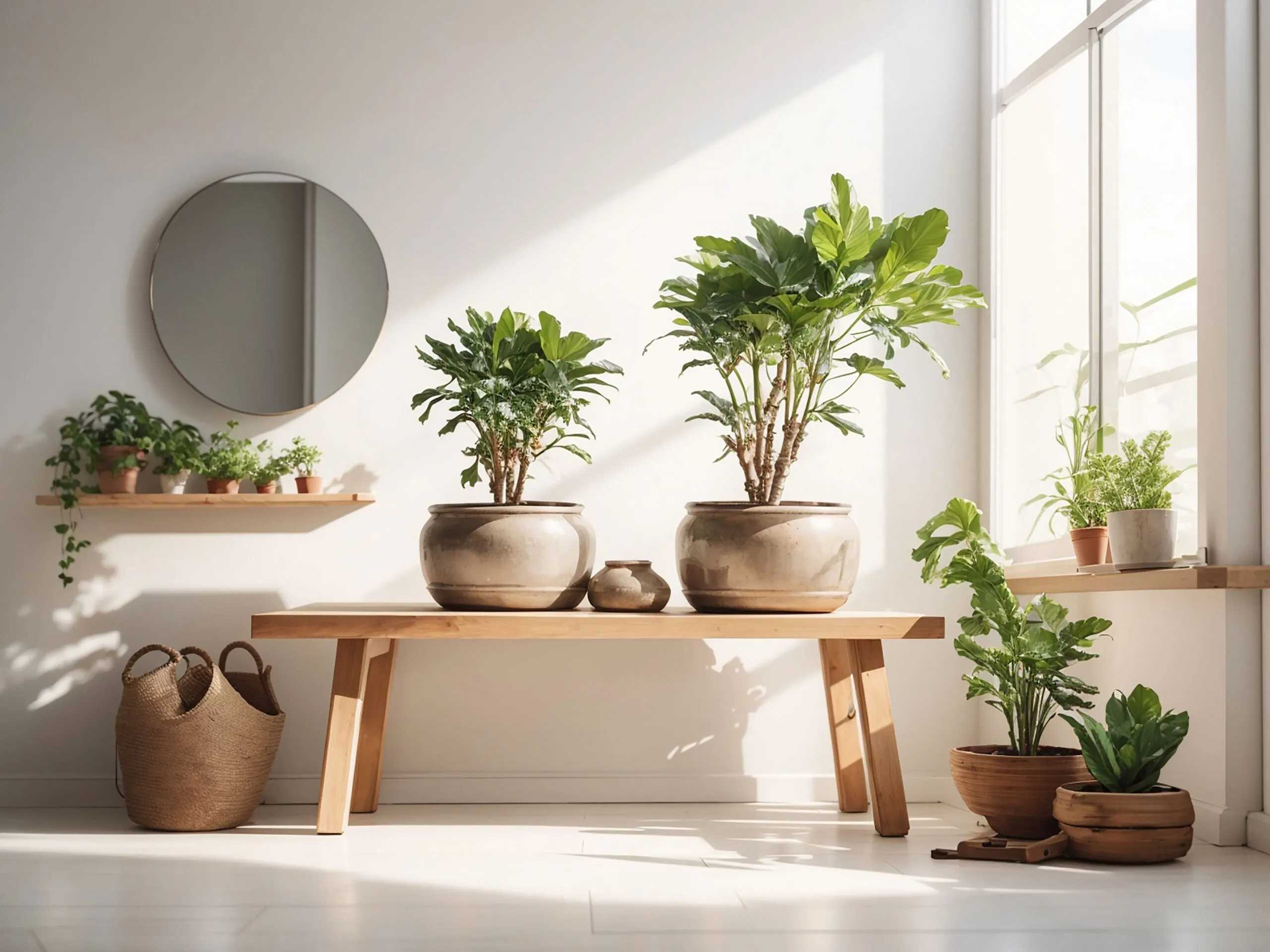 White picture frame with cactus plants in painted can on wooden desk.