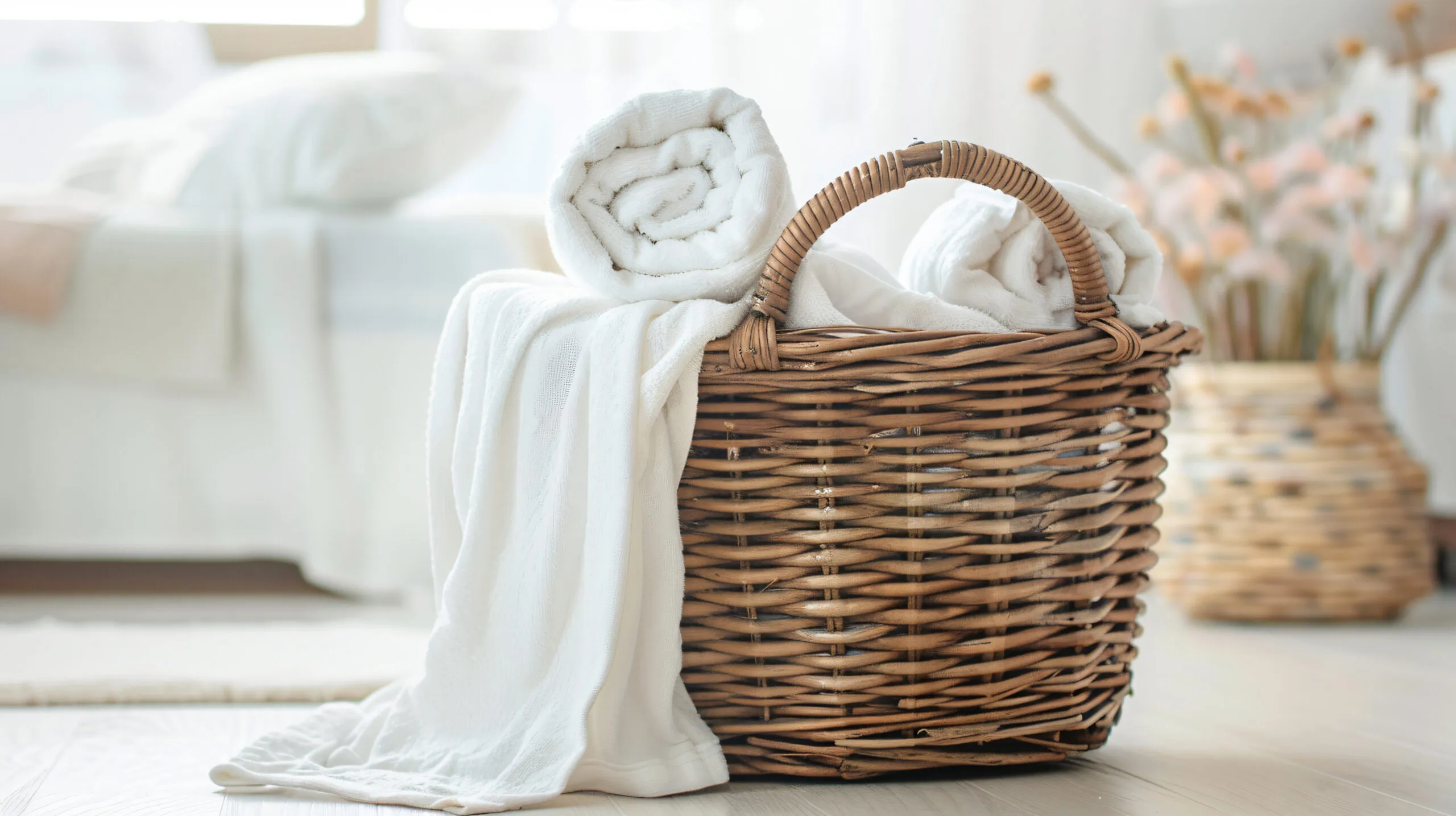 Woven laundry basket with towels in it.