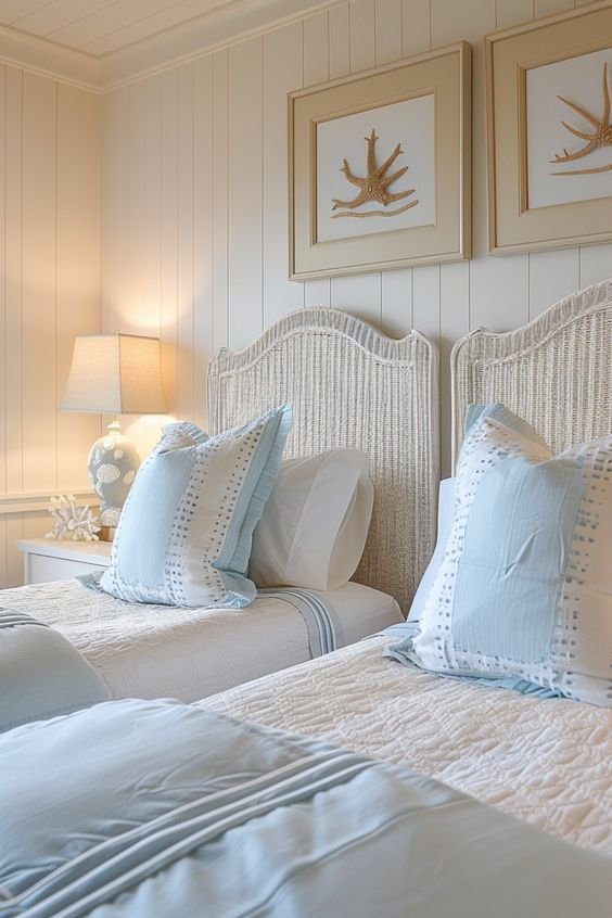 Coastal bedroom with two beds and nautical details.