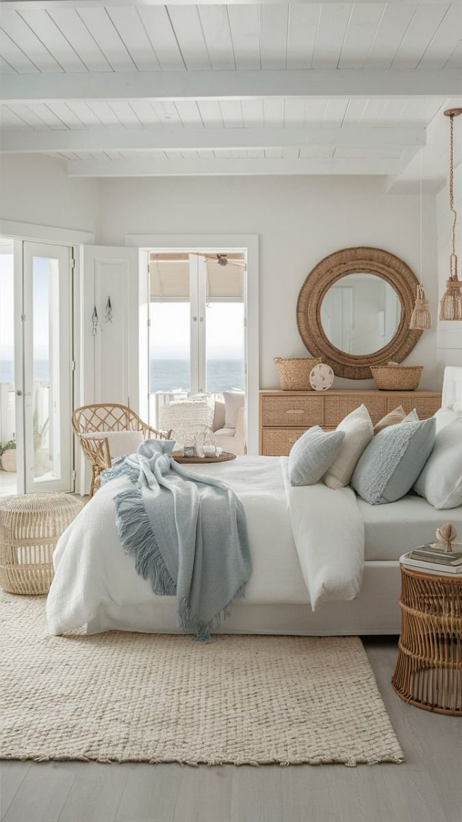 Beautiful coastal bedroom with wooden details and ocean blue pillows and blankets.