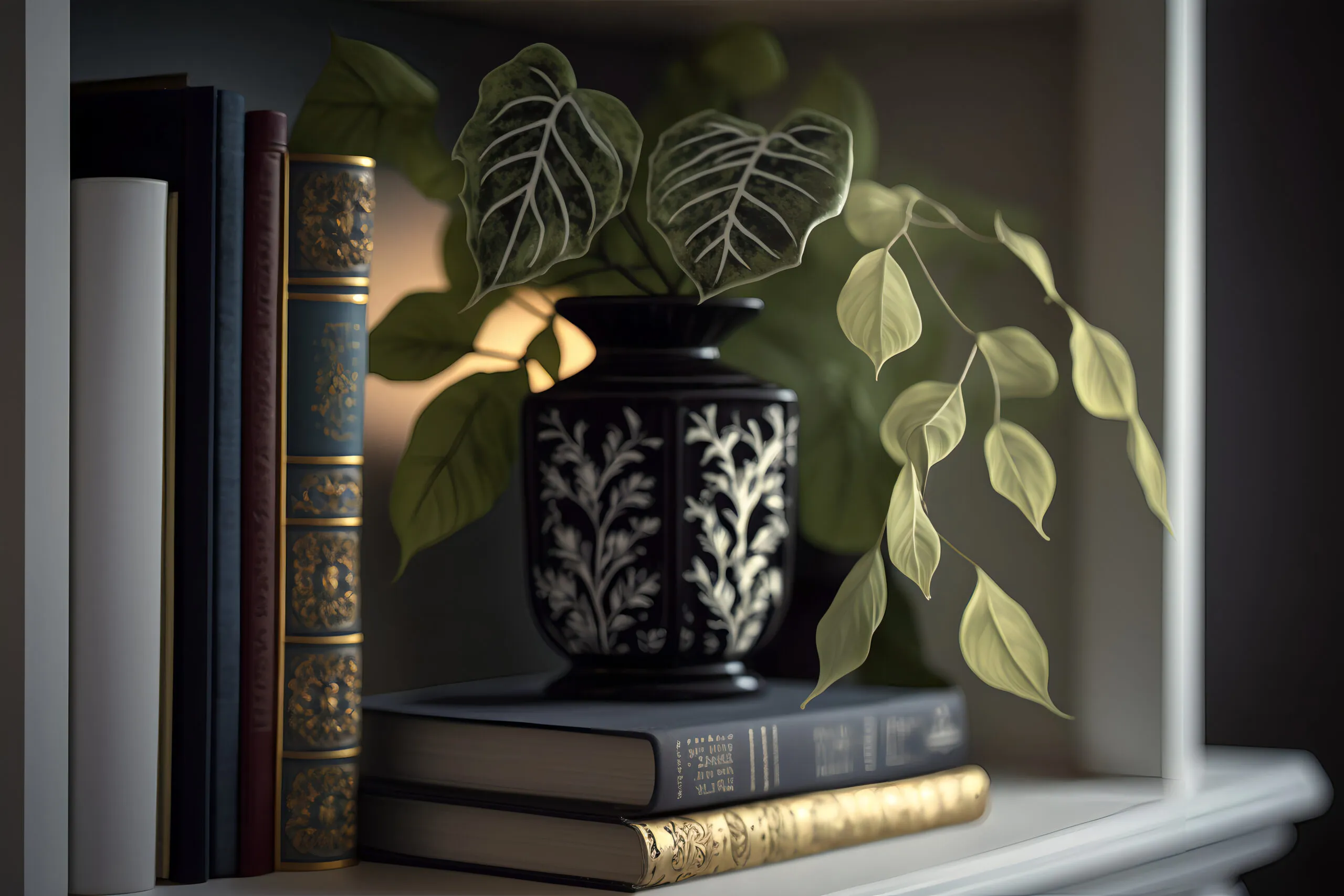 Black vase with leafy plant sits on bookshelf. 
