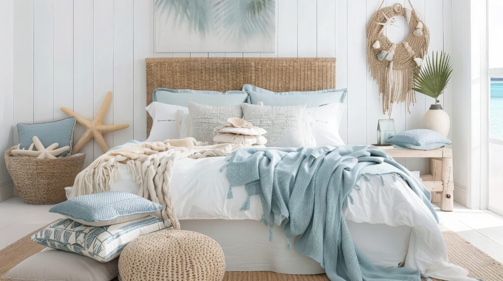 A coastal inspired bedroom with coastal blue details and a white base.