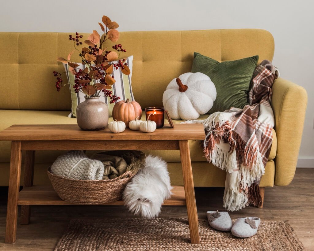 Cozy autumn living room interior. Sofa with pillows and blankets, oak bench with autumn decor.