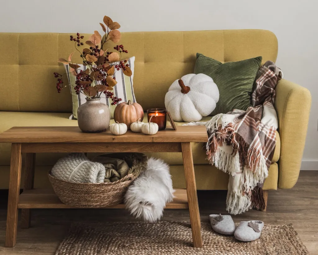 Cozy autumn living room interior. Sofa with pillows and blankets, oak bench with autumn decor.