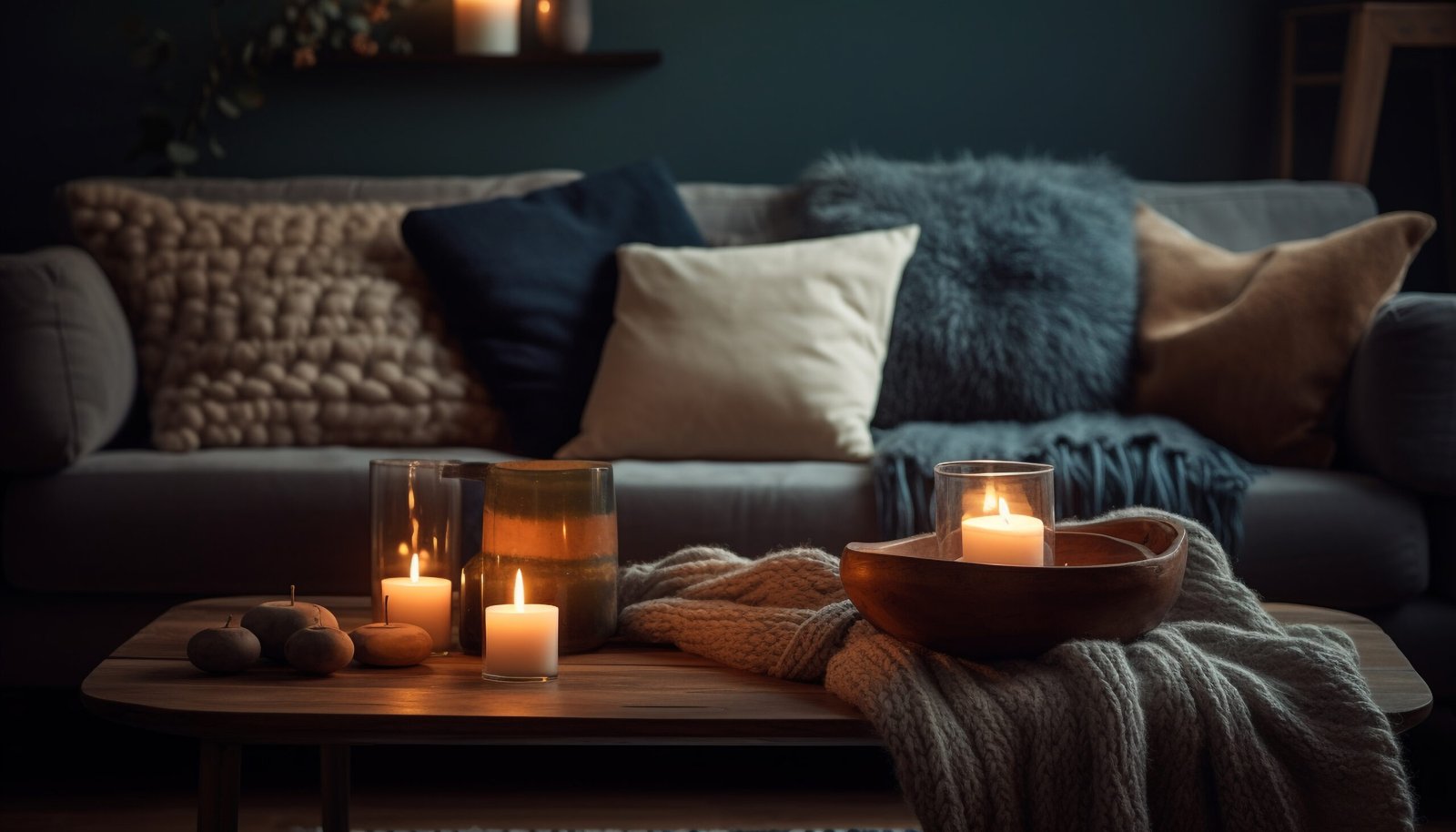 Cozy glow illuminates modern winter living room.