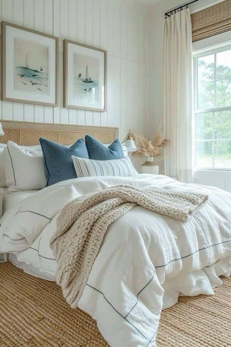 Coastal bathroom with natural materials, blue pillows and a wooden bedframe.