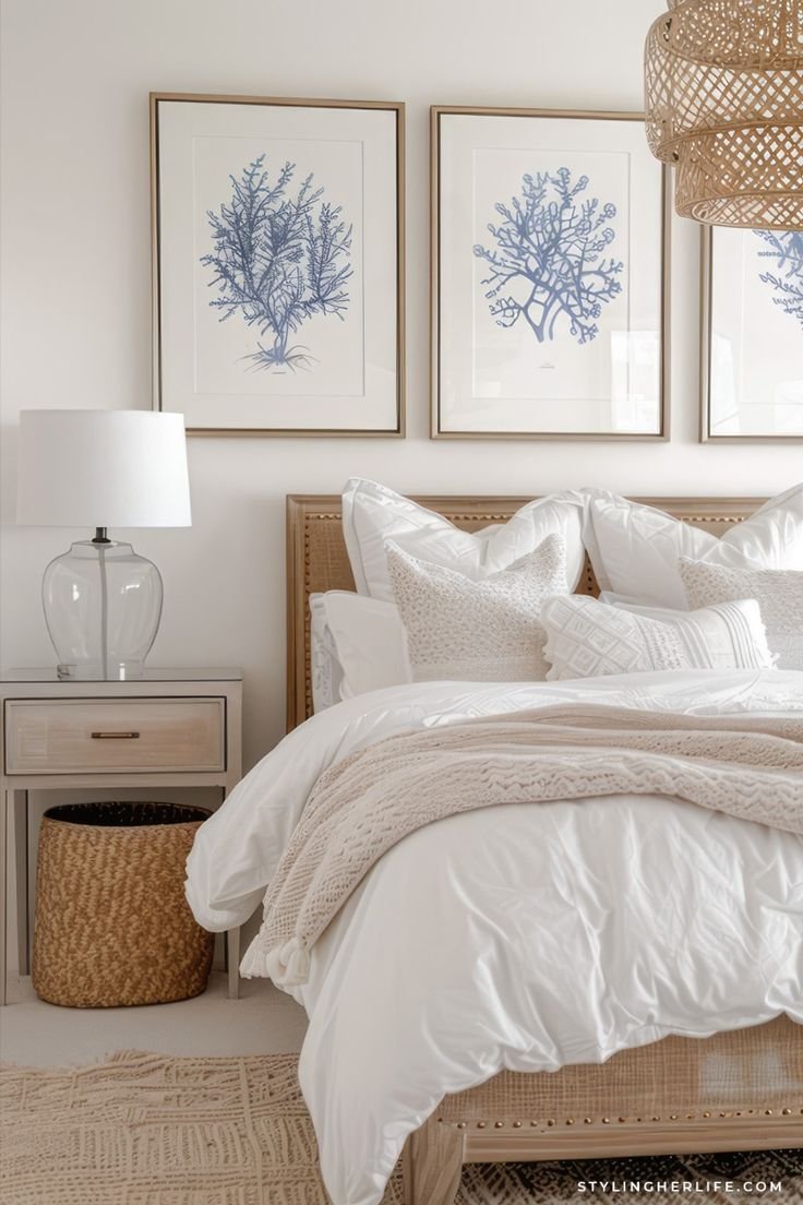 Neutral coastal bedroom with blue details and a glass table lamp. 