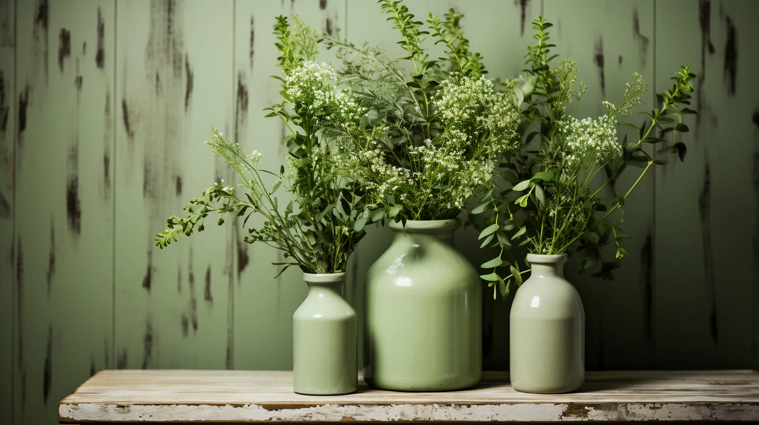 Three green vases with greenery standing on a wooden plank. 