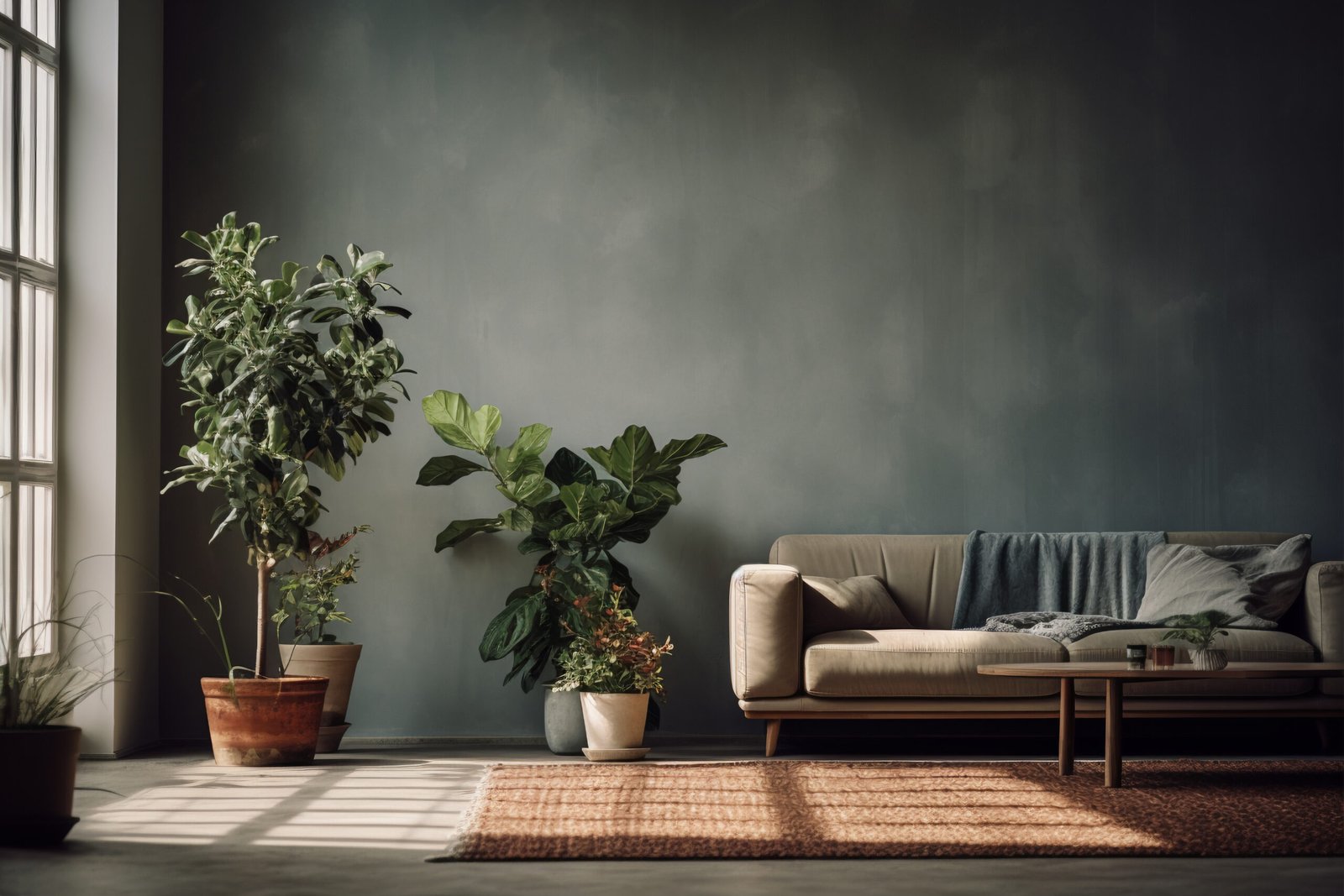 Interior space decorated with a big green plant.