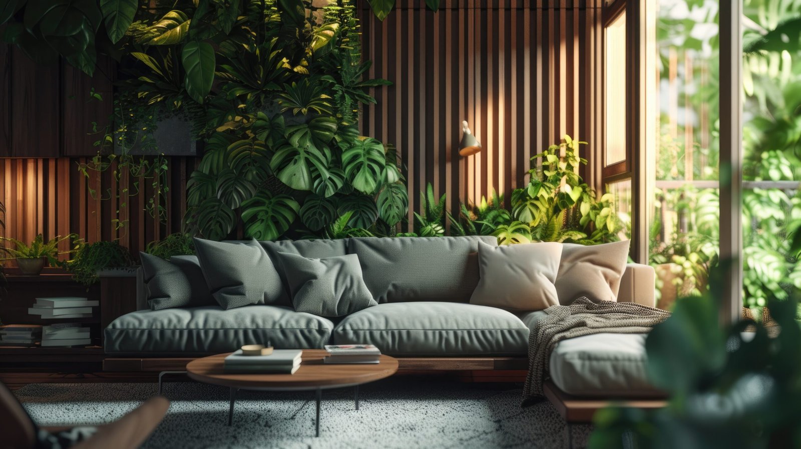 Natural living room with a wooden wall, green plants and a green mat. 