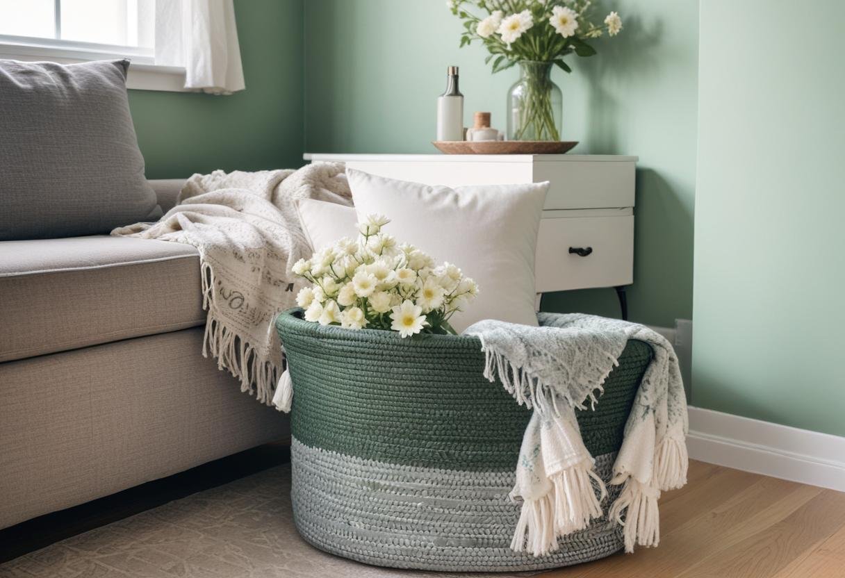 Cozy room with green details, a basket with blankets in it and a green wall.