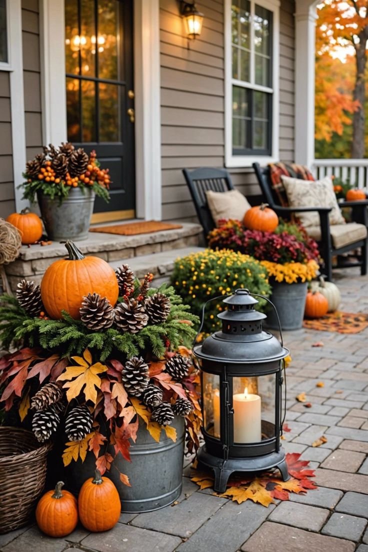 Fall porch ideas with cozy lighting.