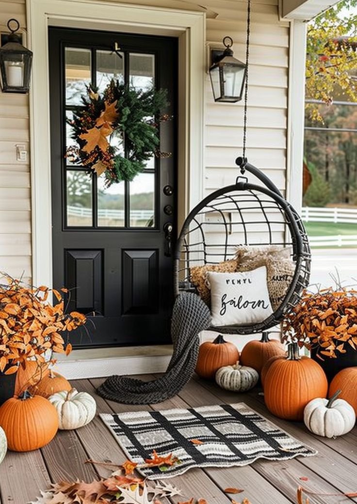 Cozy fall front porch decor.