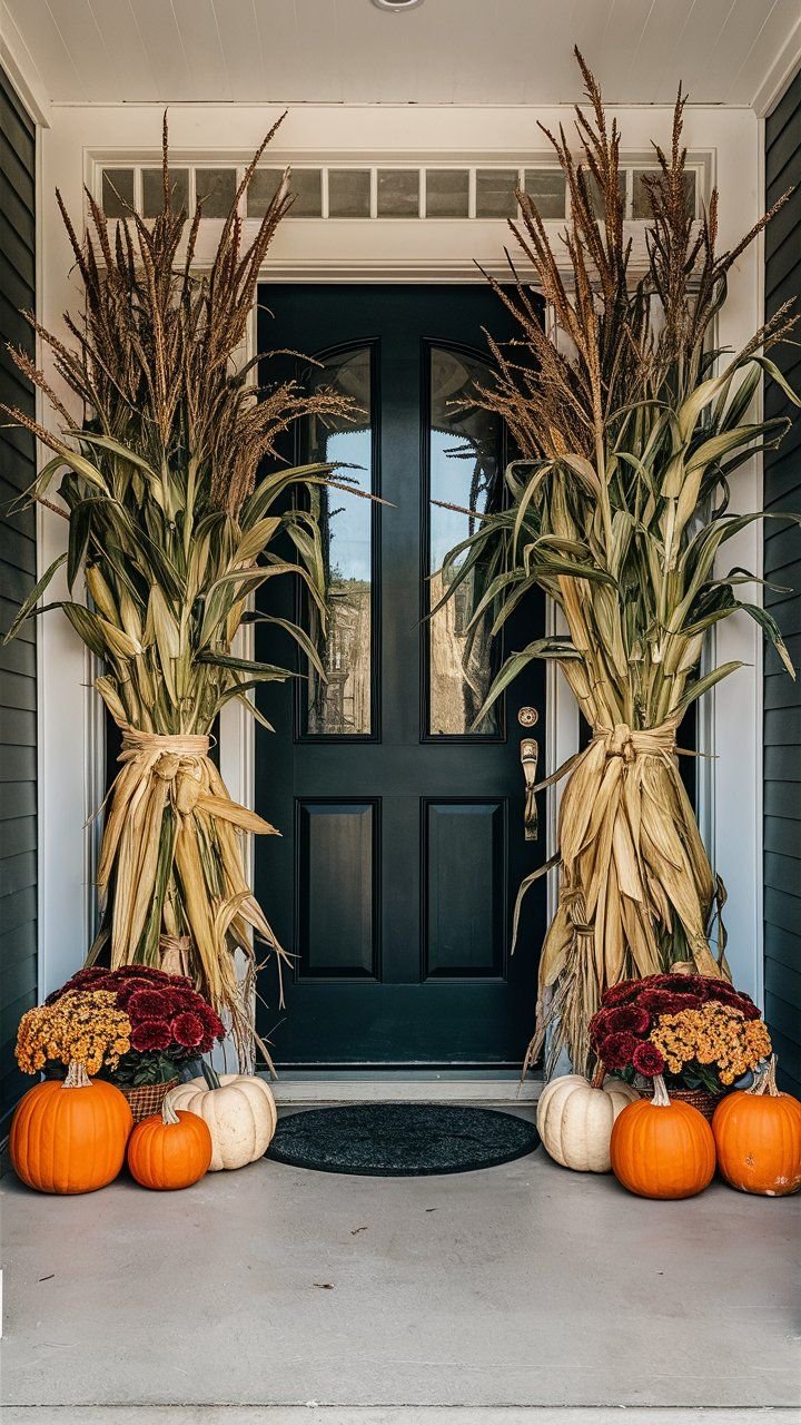 Fall front porch ideas with corn stalks.