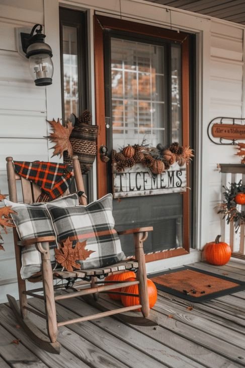 Fall front porch decor with a rocking chair.