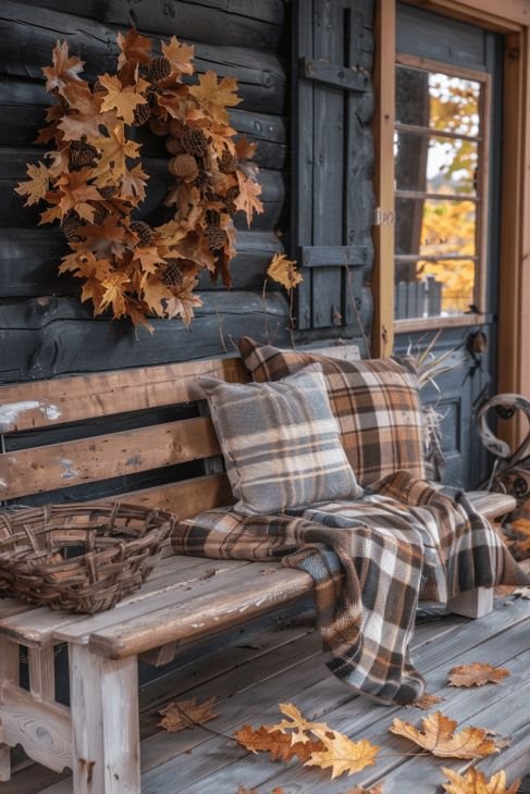 Wooden fall bench with leafs, pillows and blankets.