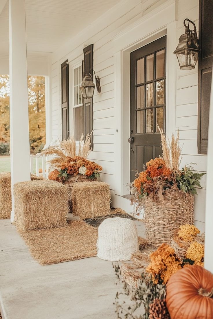 Small Front Porch Fall Decor With Hay.