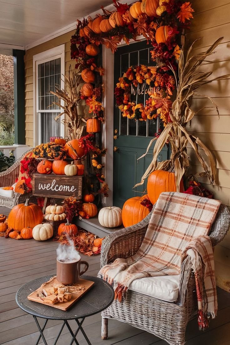 Welcoming Fall Porch Decor with welcome sign.