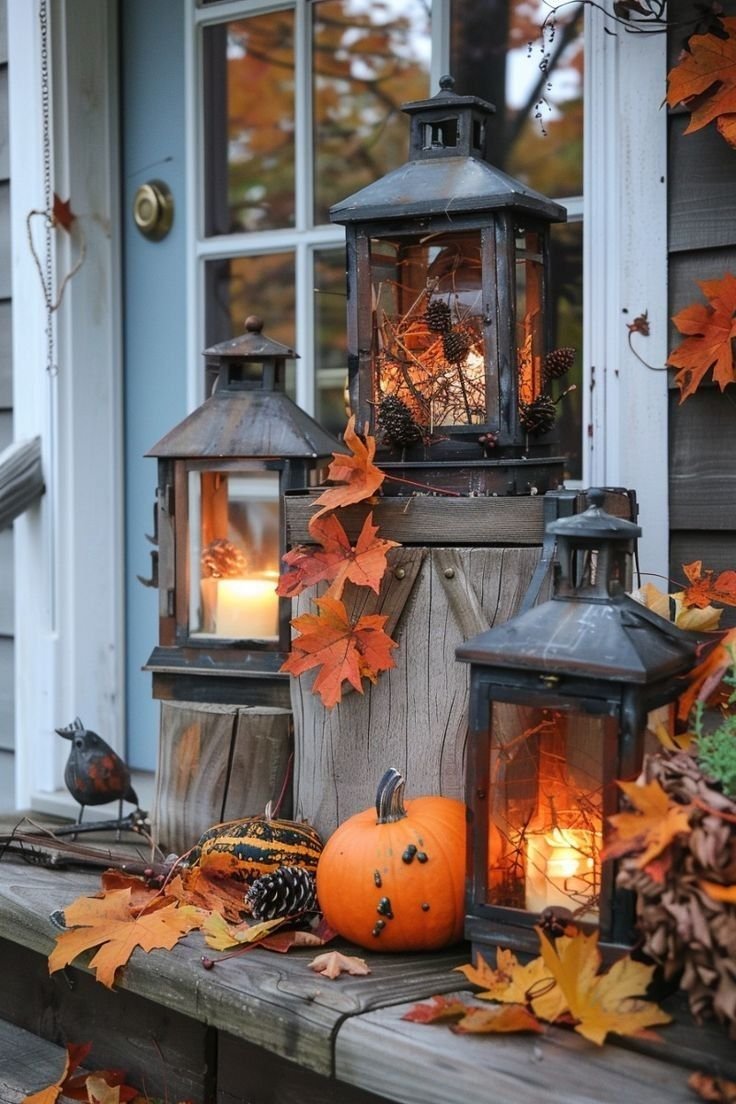 fall front porch with lanterns.