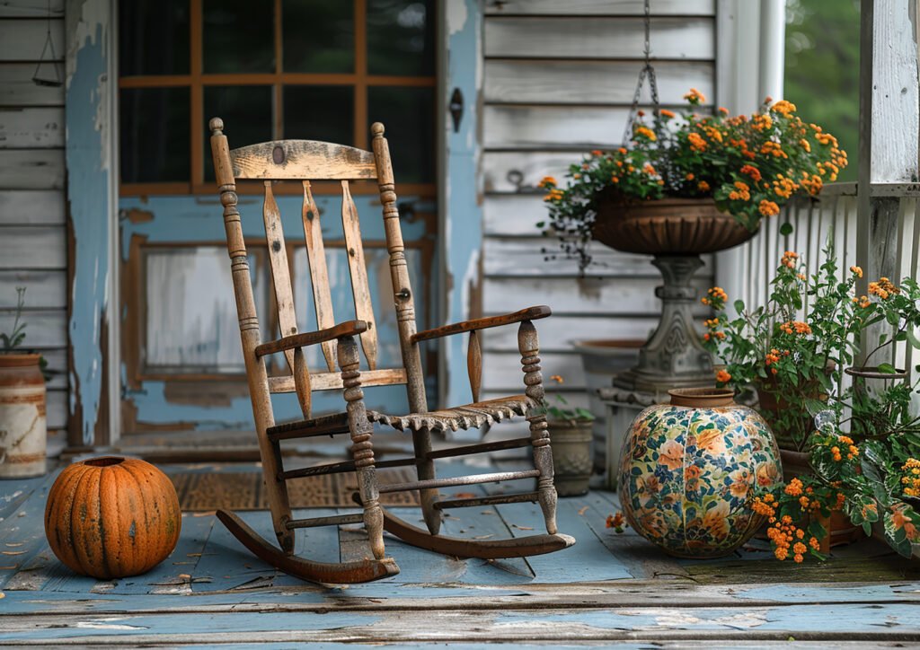 Wooden rocking chair sits on porch with pumpkins.