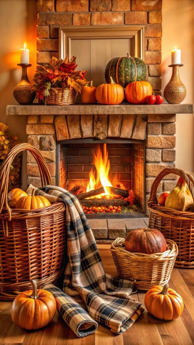 Cozy fall fireplace with decorative baskets. 