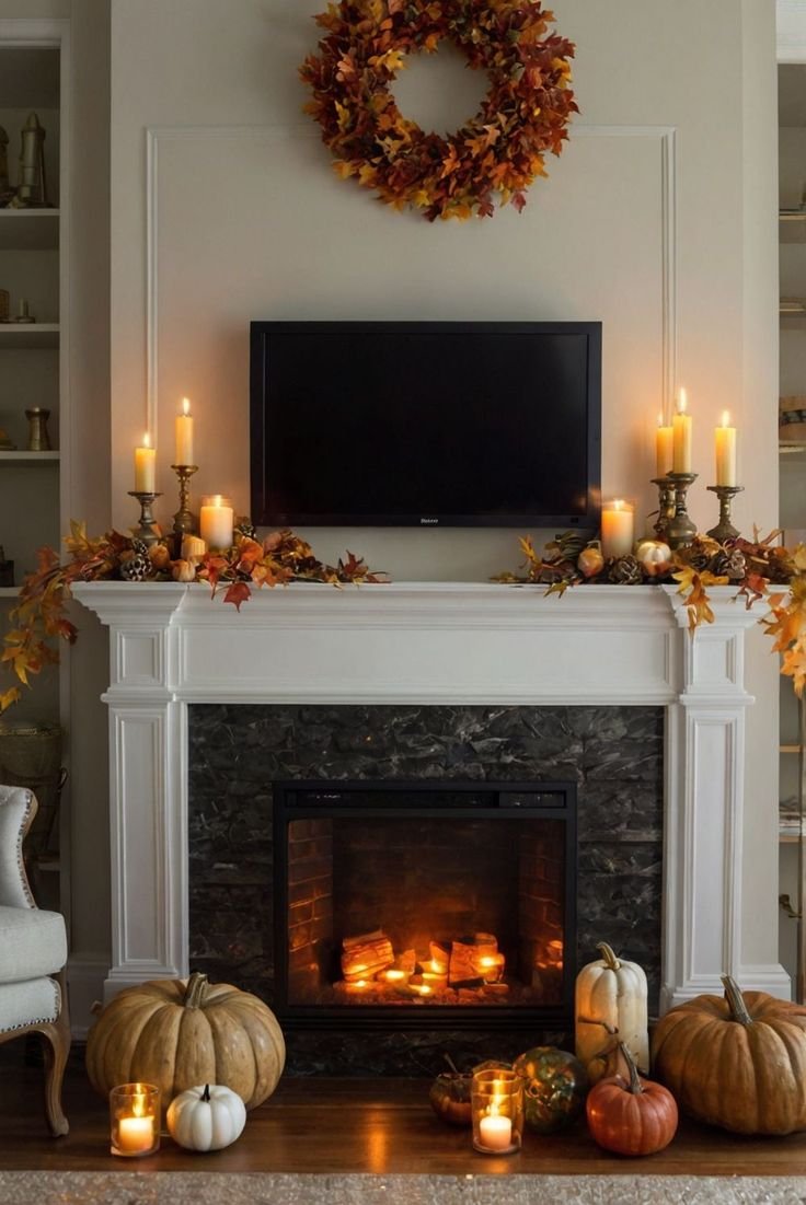 Fall mantle with a fall wreath above. 