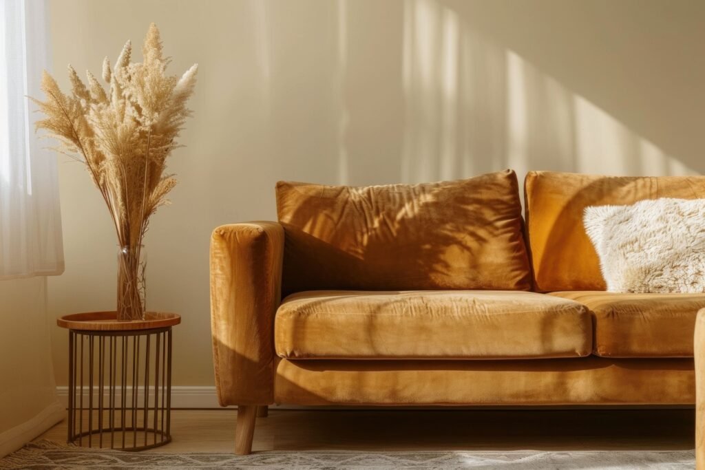 A warm living room scene featuring a stylish golden brown sofa, a textured pillow, and a modern round table with dried flower arrangement.