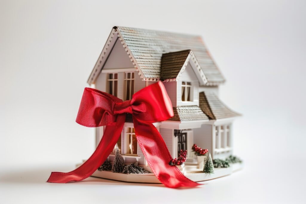 Detailed architectural model house with red bow.