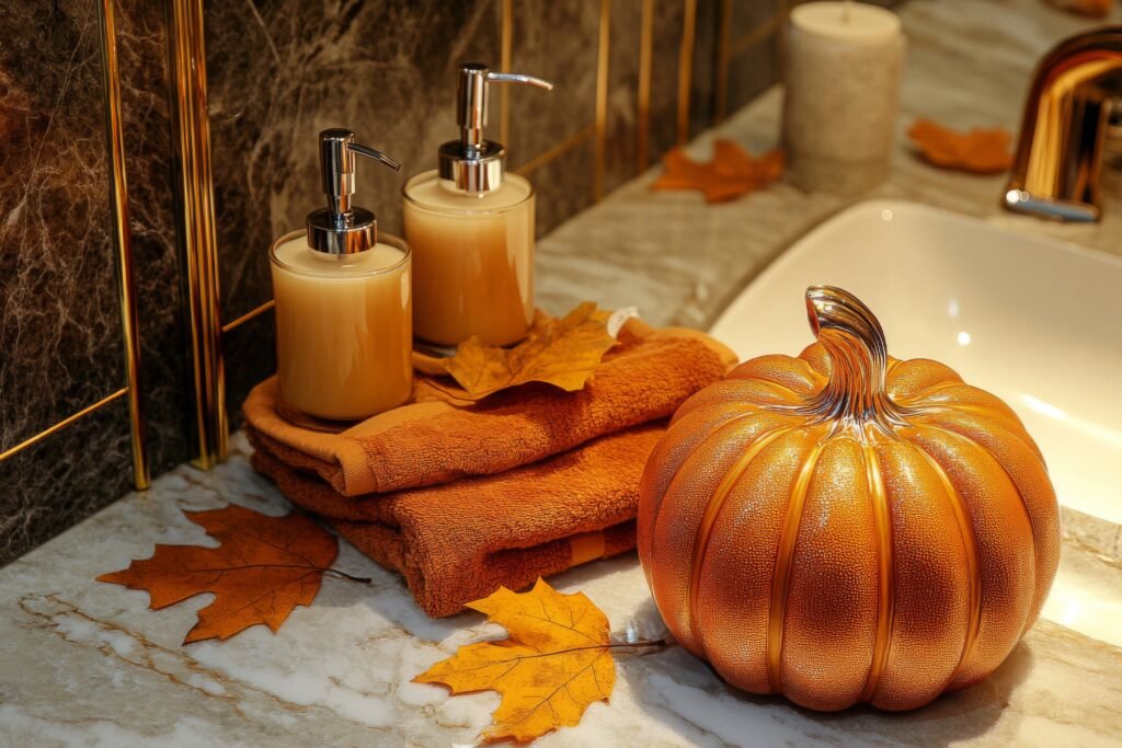 Golden Pumpkin and Autumn Leaves Decor on Bathroom Counter.