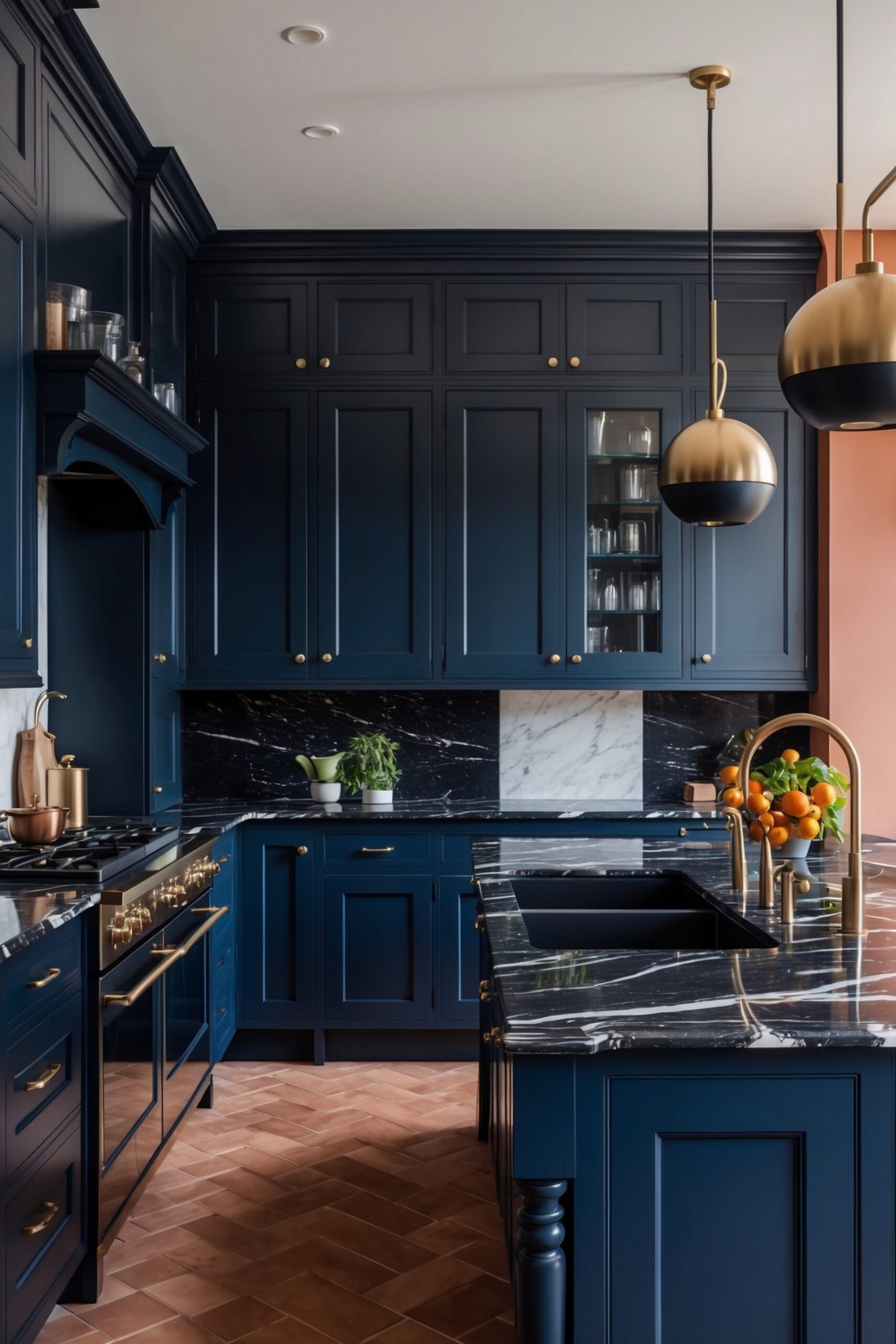 Navy Blue kitchen with wooden floors.