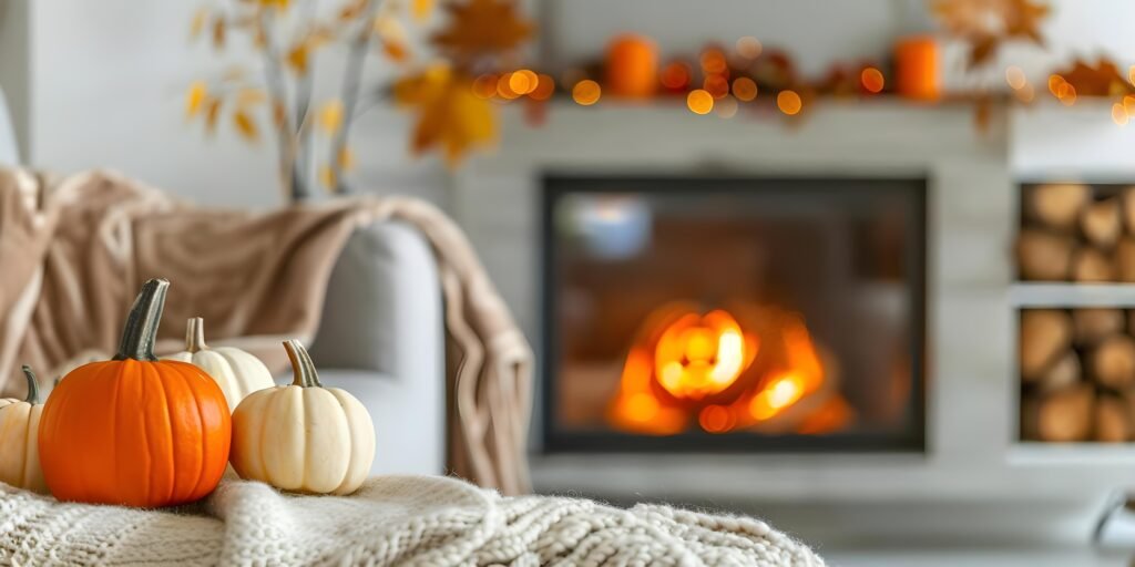 Modern living room with sofa, fireplace and pumpkin decor.