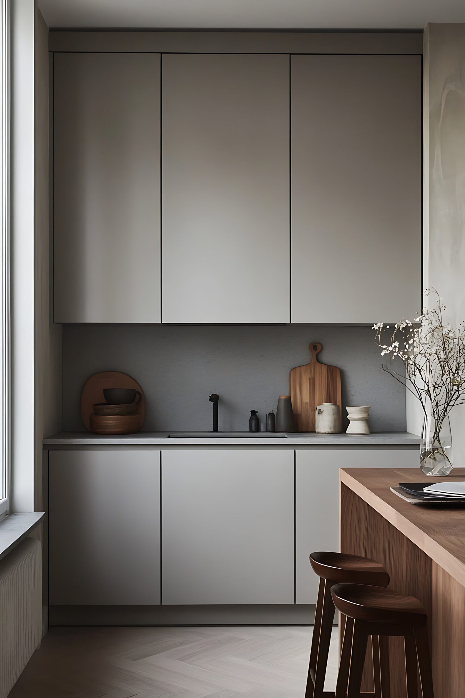 Modern soft grey kitchen with wooden details. 