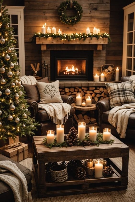 Farmhouse Christmas living room with pinecones. 