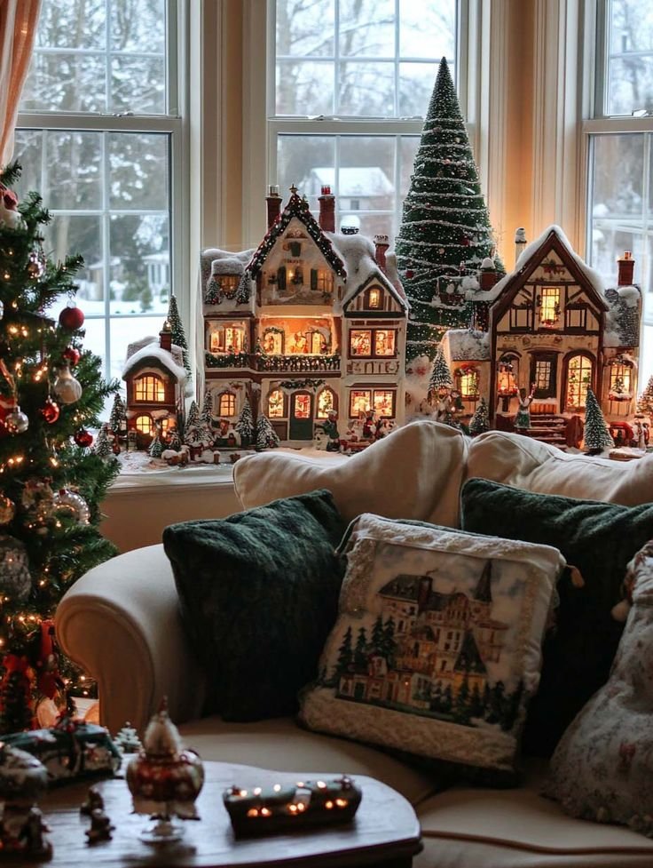 Christmas decor with a Christmas village display in living room. 