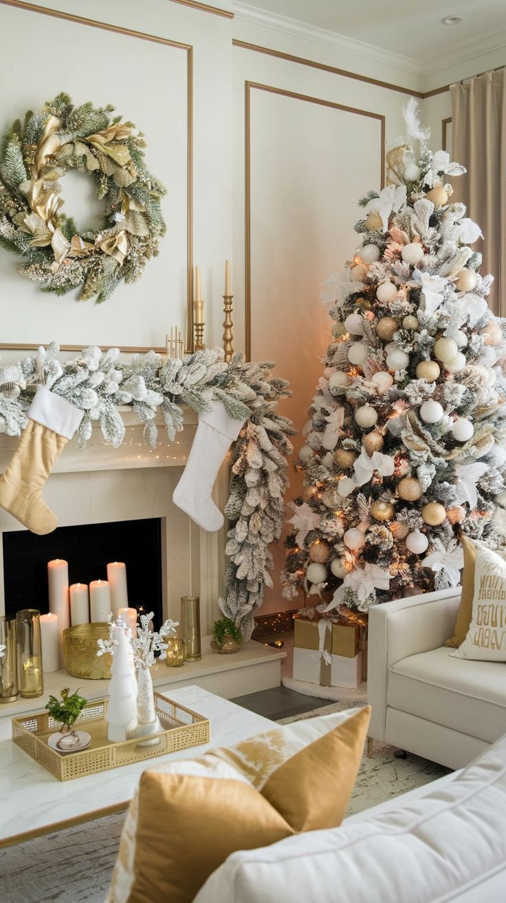 Modern glam christmas decor in living room.