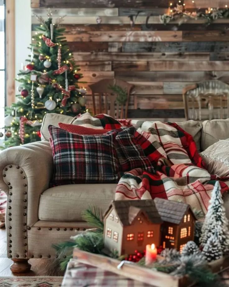 Christmas living room with plaid and flannel accents. 