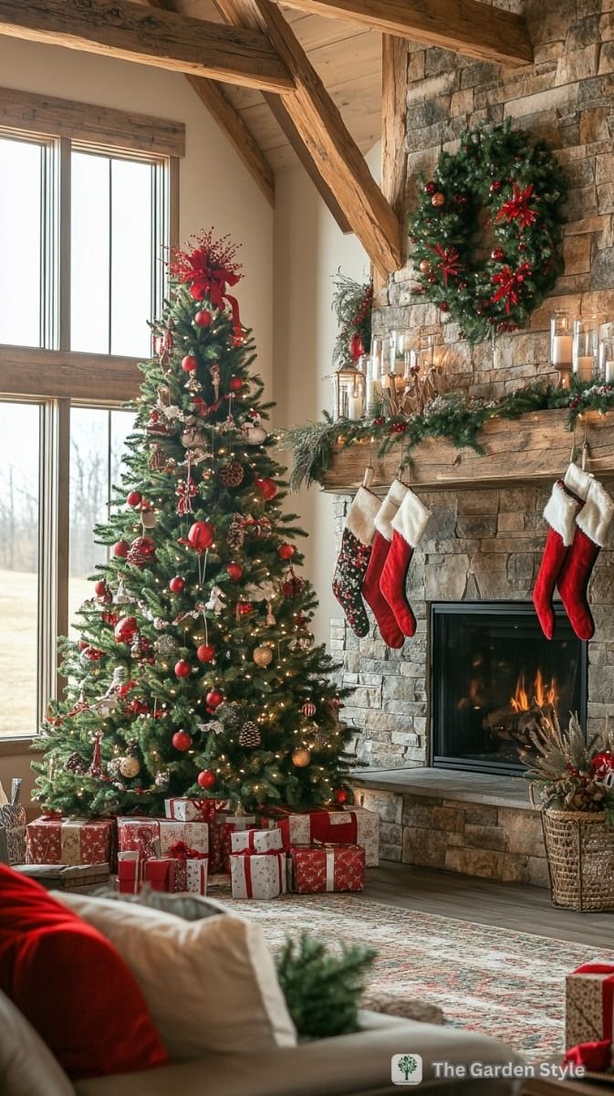 Classic Red and Green Christmas living room with Timeless and Festive Decor.