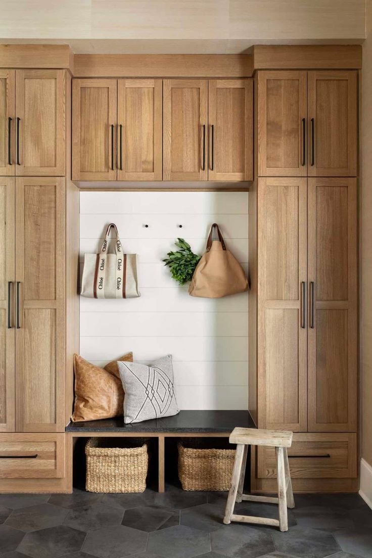 Wooden mud room with built in storage. 