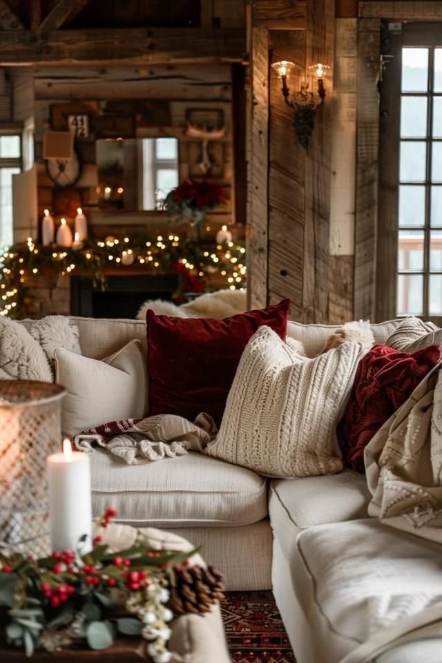 Rustic cabin look Christmas living room decor. 