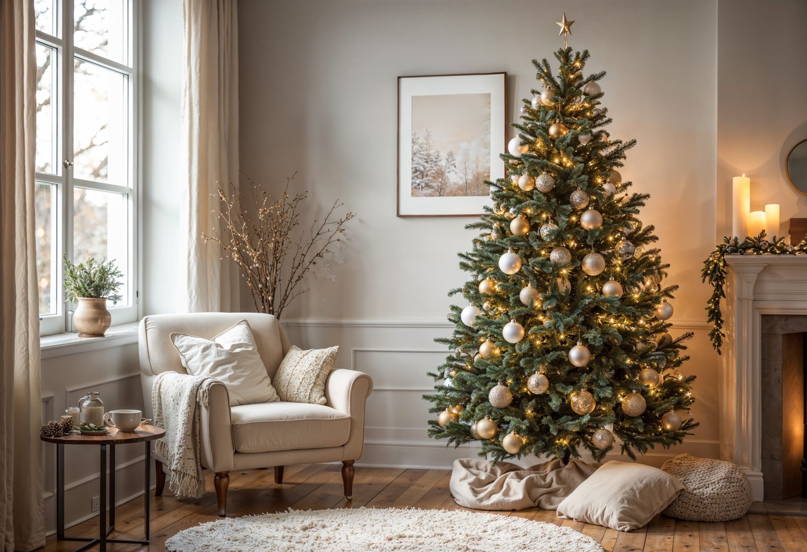 Christmas tree in beautiful beige living room. 