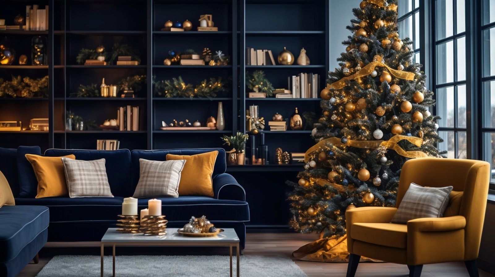 Christmas living room with golden and dark blue details. 