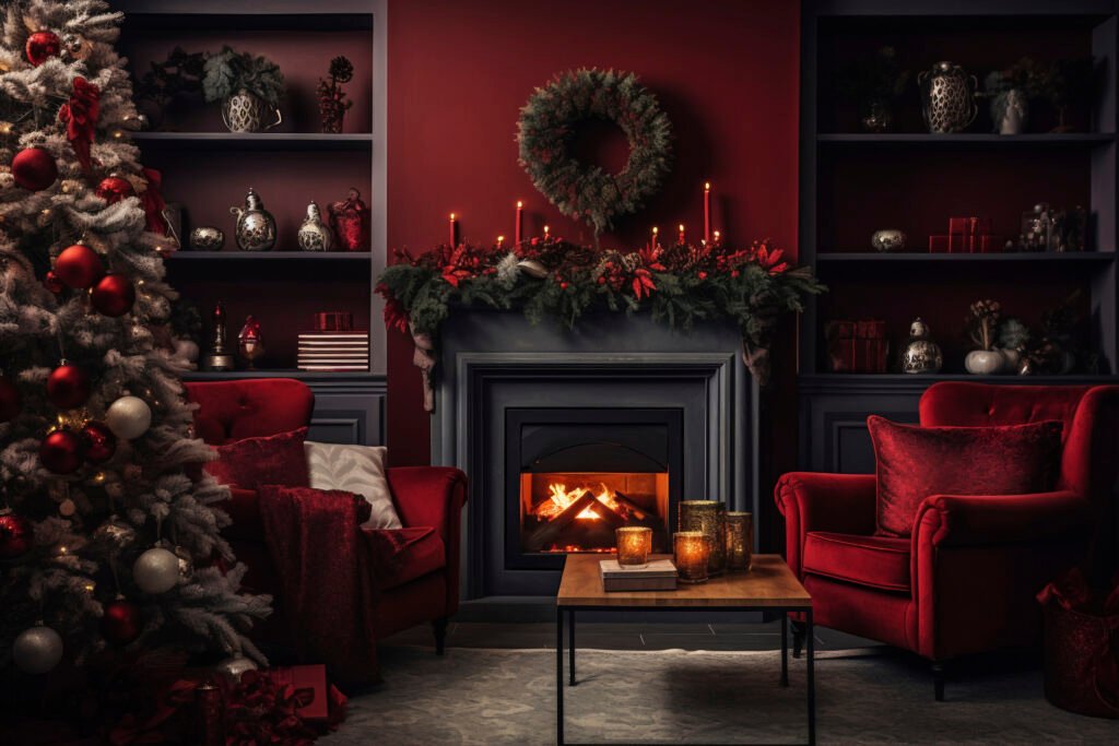 Burgundy Christmas decorations in living room.