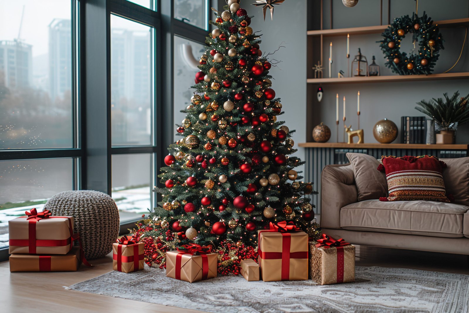 Decorate a christmas tree, Christmas evening in the light of candles and garlands. Classic luxurious apartments with decorated christmas tree and presents.