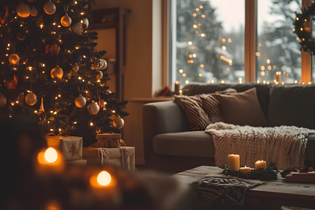 Cozy warm Christmas living room with decorated Christmas tree.