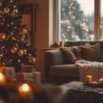 Cozy warm Christmas living room with decorated Christmas tree.