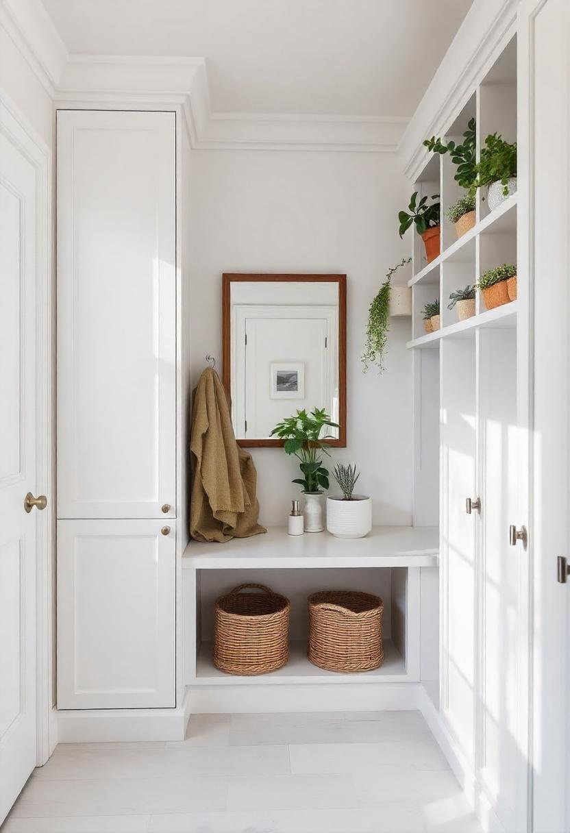 White mud room with built in storage.