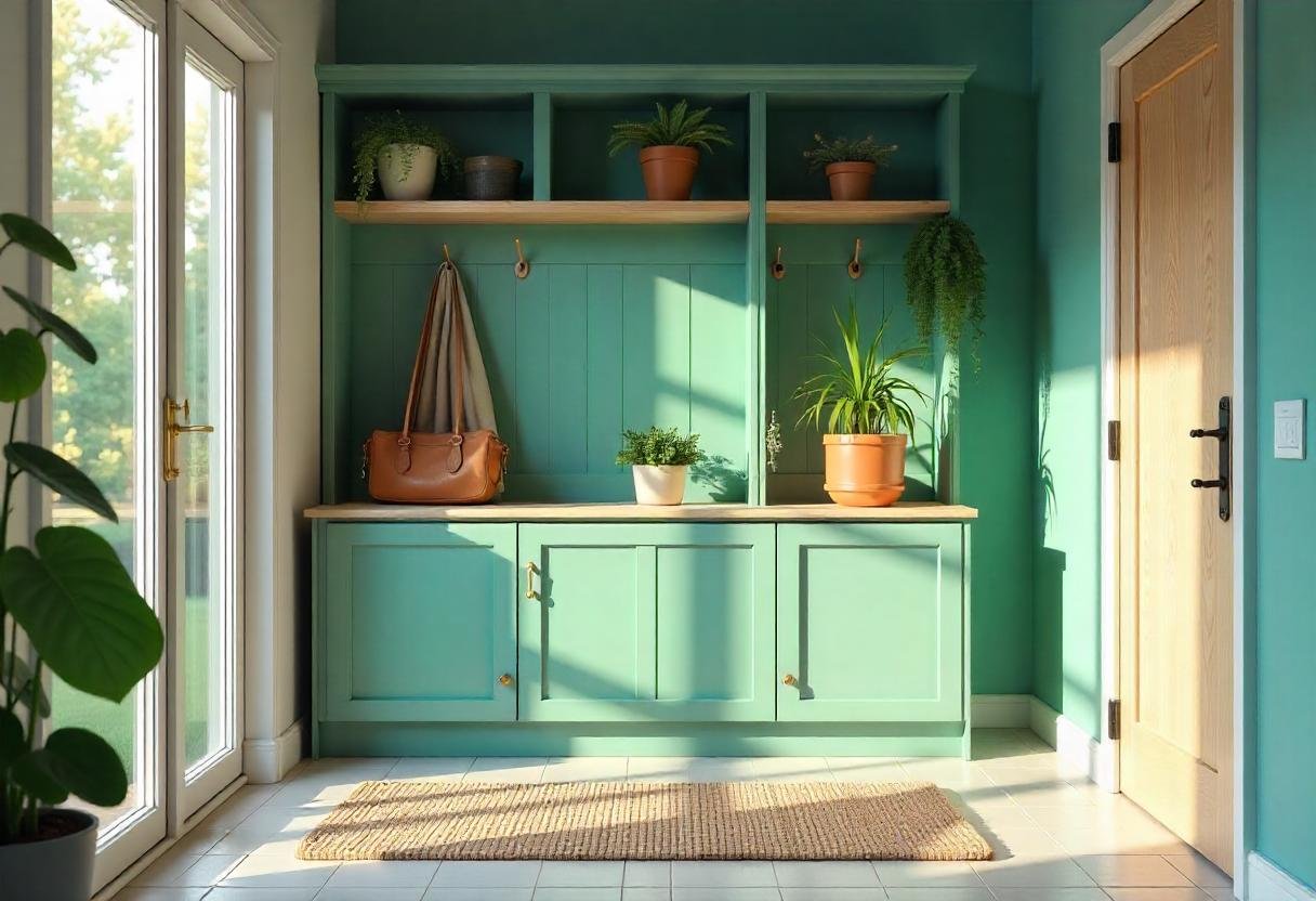 Mud room ideas with a sage green color. 