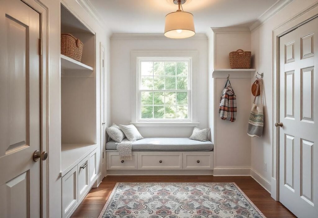 White organized and well planned mud room.