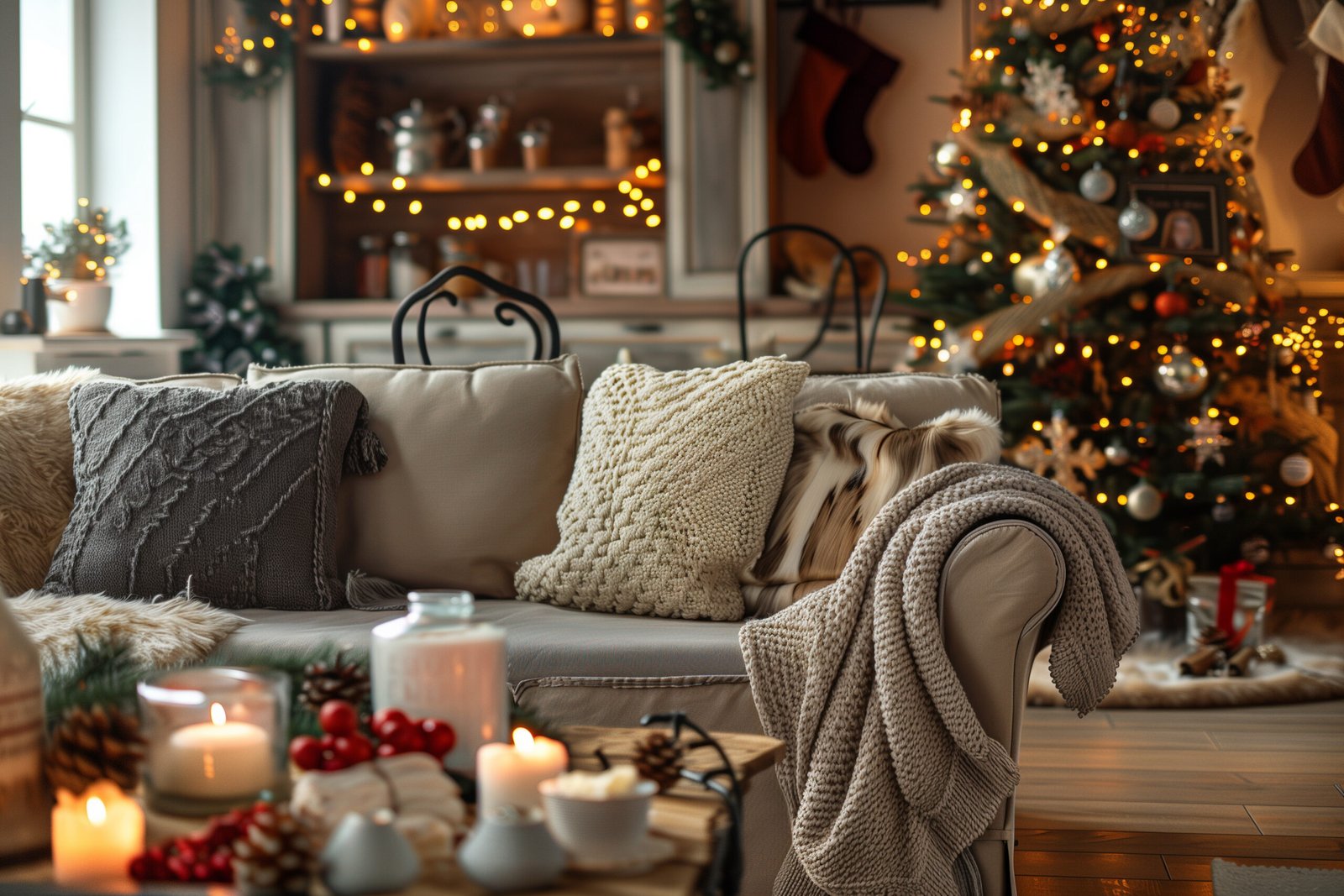 Christmas Living Room Decor Ideas, Cozy Christmas Living Room with Warm Lights and Holiday Decor.