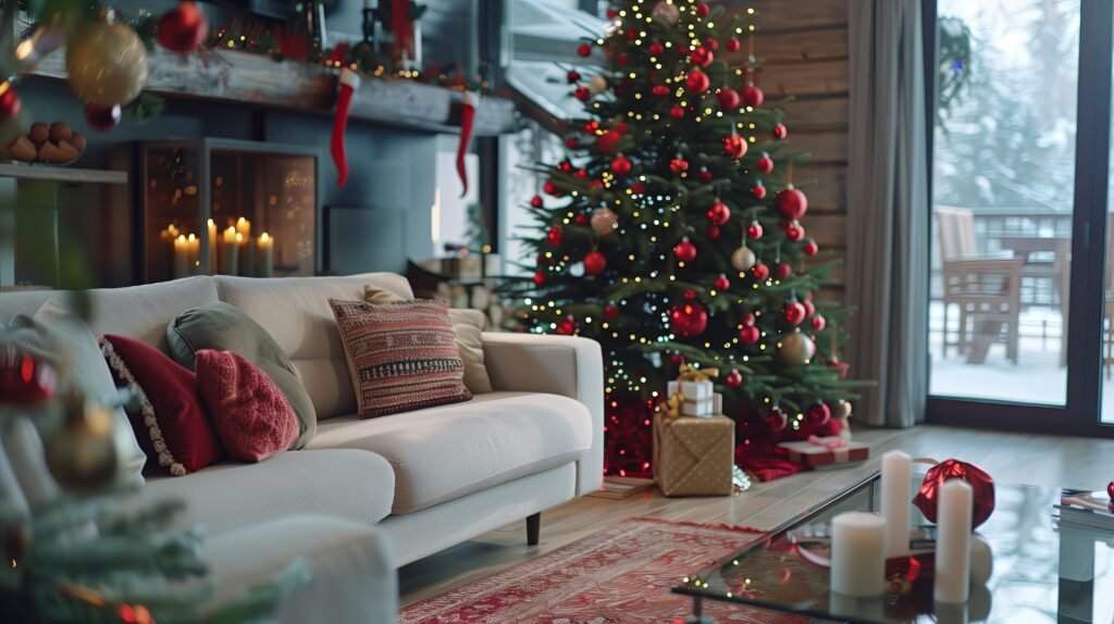 A trendy Christmas banner showcasing a stylishly decorated living room with modern furniture, a beautifully adorned Christmas tree.